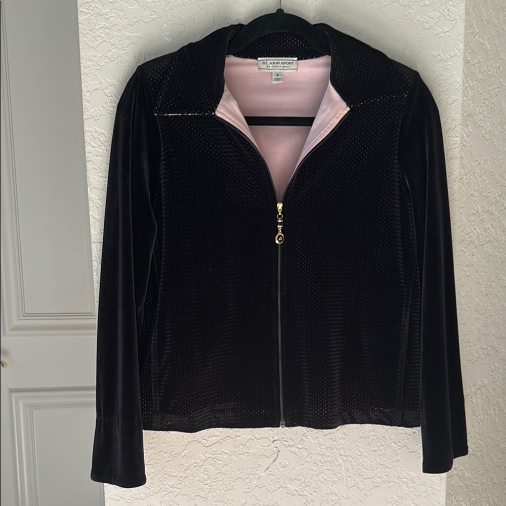 St. John Black and Pink Velvet Bomber Jacket